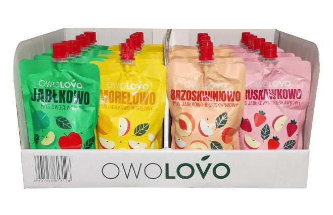 Owolovo Zestaw musów Premium mix 32szt - Jabłkowo, Morelowo, Brzoswkwiniowo, Truskawkowo 32 x 200 g